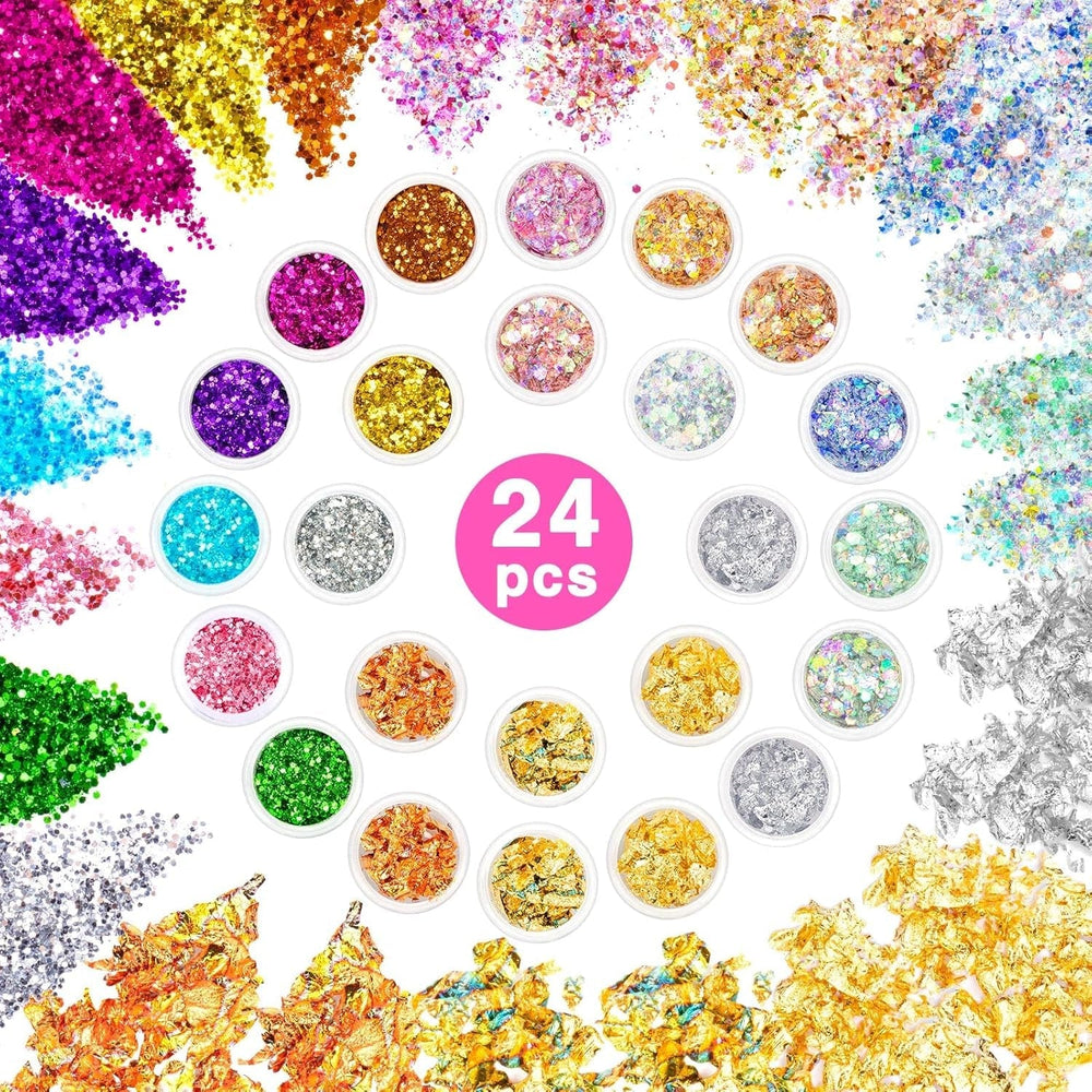 24 Farben Glitzer Set Mit Blattgold Und Glitzerpulver, Nageldesign Zubehör Pailletten Basteln Nail Art Glitter Mit Pinsel Für Nägel Gesicht Körper DIY Nagelkunst Make Up