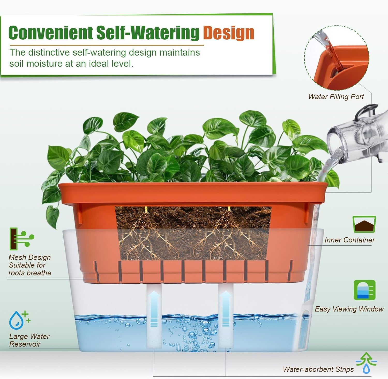 Pots de fleurs à arrosage automatique, lot de 3, pots de fleurs rectangulaires de 27 cm, pots à herbes, boîtes de rebord de fenêtre avec réservoir d'eau, pots de fleurs modernes en plastique pour intérieur et extérieur, jardin, bureau