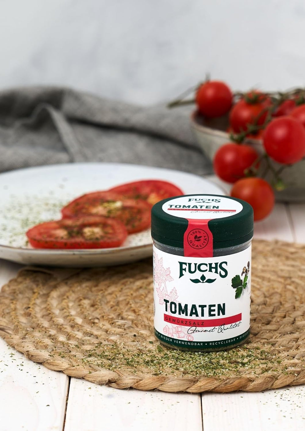 Fuchs Gewürze - Tomato Gewürz - Gewürzsalz für Tomatenbrot, Frühstücksei oder Steak - ingrédients naturels - 90 g en dose variable, recyclable