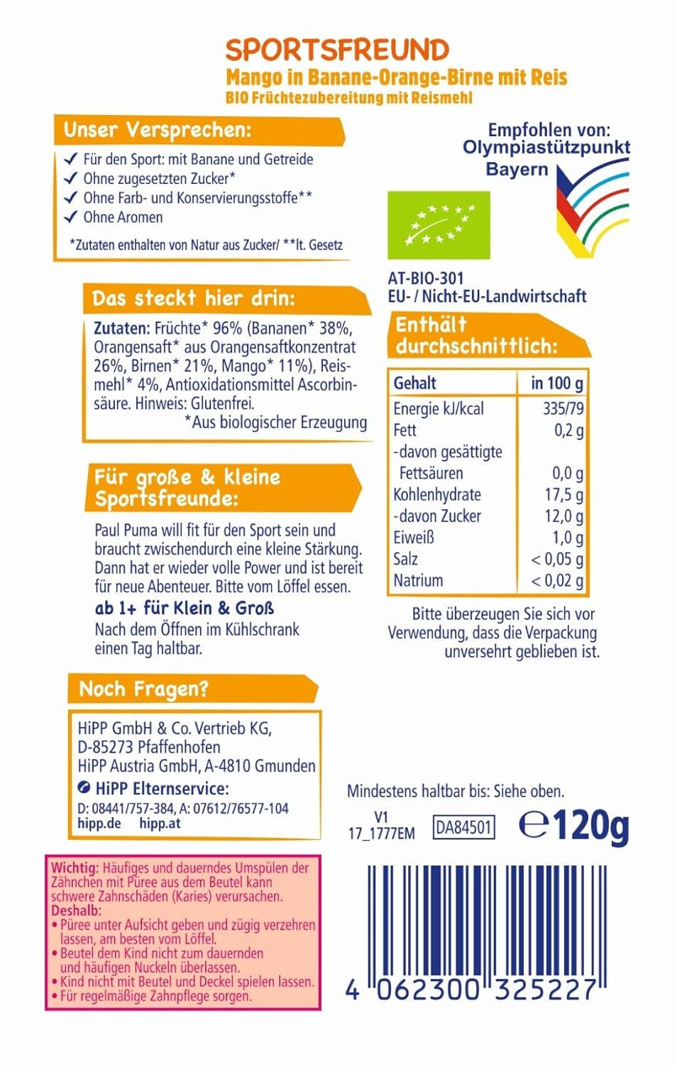 Pungi de stoarcere Hipp, 100% fructe organice fără zahăr adăugat, 6 X 120 grame Mama si Copilul Naty Shop