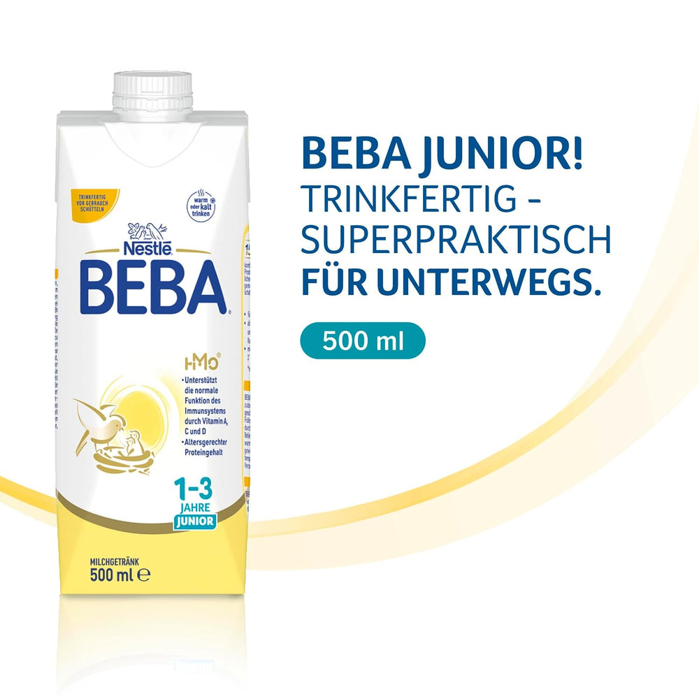 BEBA Junior Boisson lactée prête à boire 1-3 ans, avec HMO, teneur en protéines adaptée à l'âge, sans huile de palme, sans huile de poisson, nourriture pour tout-petits, paquet de 12 (12 x 500 ml)