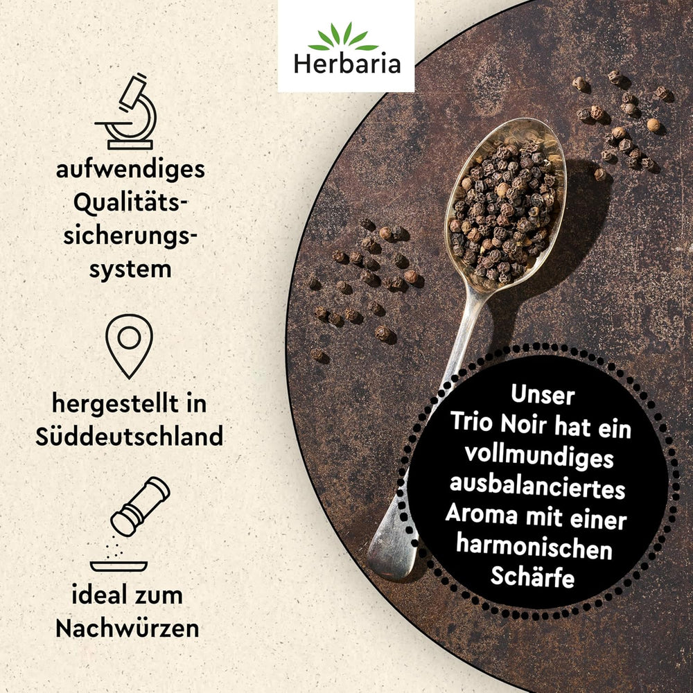 Herbaria Trio Noir bio 75g M-Dose – Bio Pfeffer schwarz ganz – ganze Pfefferbeeren – schwarze Pfeffermischung aus biologischem Anbau von trois verschiedenen Regionen - in nachhaltiger Aromaschutz-Dose