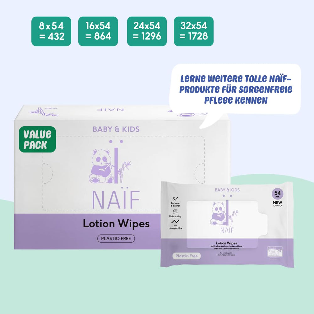 Naïf - Lingettes humides avec lotion sans plastique - 1296 pièces (24 paquets de 54 lingettes) - pour bébés et enfants - Fesses, corps et visage de bébé - à l'Aloe Vera et au Bambou - 0% Parfum et Alcool