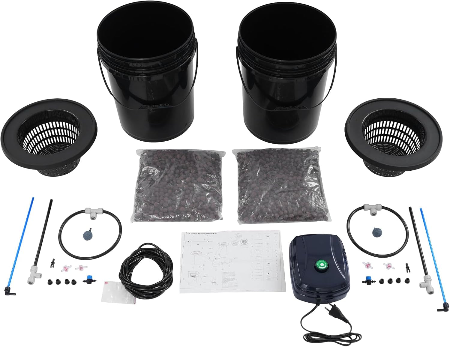 Kit complet de système hydroponique DWC avec pompe à air 12 W, 2 seaux (5 gallons), système de culture hydroponique, 2 sacs de céramsite, kit d'irrigation en pot