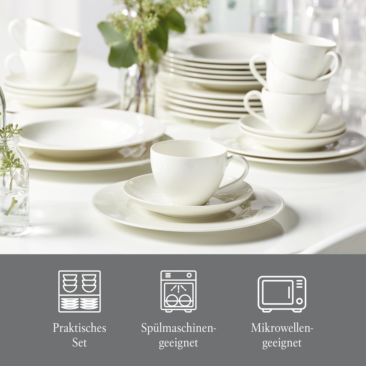 vivo - Villeroy & Boch Group - Service de table Basic White 30 pièces, lavable au lave-vaisselle et au micro-ondes, Service de table blanc, Service à café, Céramique, Assiettes, Tasses, Porcelaine Premium