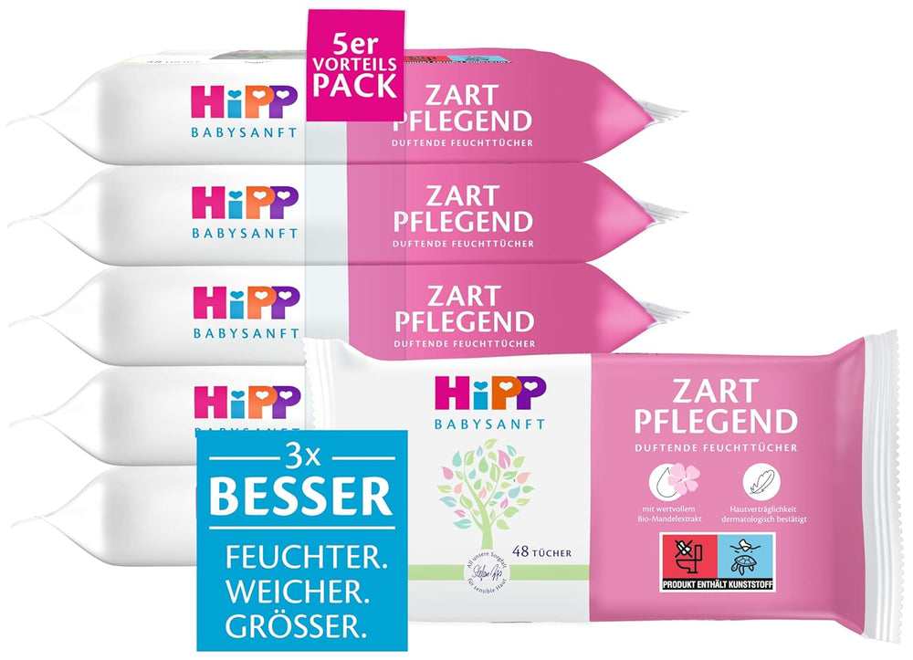 HiPP Babysanft Delicates Lingettes humides pour bébé 720 pièces (3 x 240) à l'extrait d'amande biologique, très respectueuses de la peau pour un nettoyage en douceur de la peau sensible des bébés