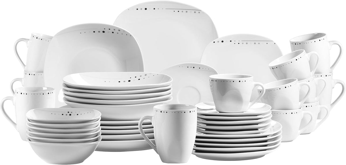 Mäser Fadilla Series Service de table combiné 42 pièces en porcelaine pour 6 personnes Blanc Noir Gris