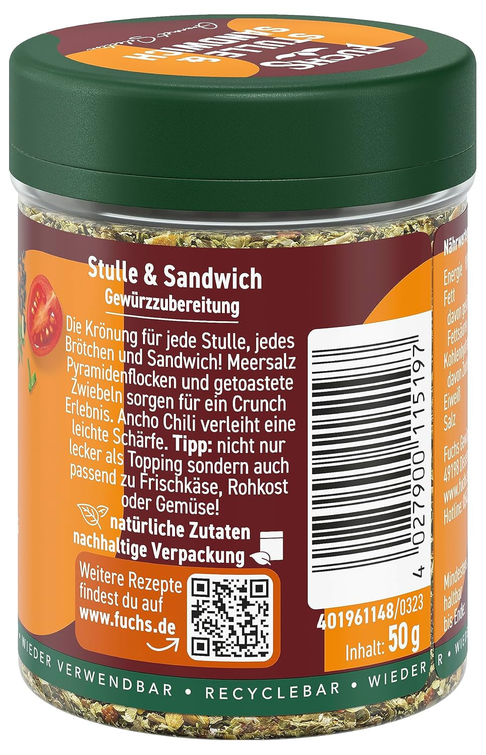 Fuchs Gewürze - Stulle und Sandwich Gewürz - Garniture croustillante au beurre avec des flocons de pyramides et des zwiebeln - aus natürliche Ingrédient - 50 g dans une dose variable, recyclable
