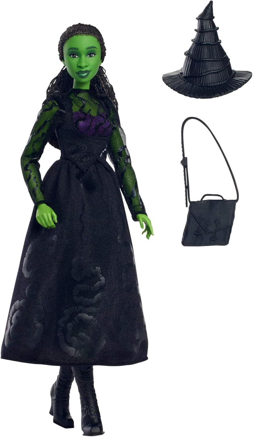 Mattel Wicked Elphaba Poupée mannequin et accessoires avec peau verte, cheveux tressés noirs, diverses poses possibles et apparence de robe de bal amovible, HXT62, [Multicolore]