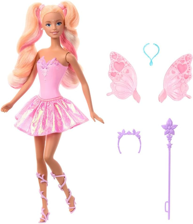 Barbie Fantasy Feenpuppe mit Farbwechsel Flügeln und Outfit, Spielzeugzauberstab mit und Mode Accessoires, JCP76