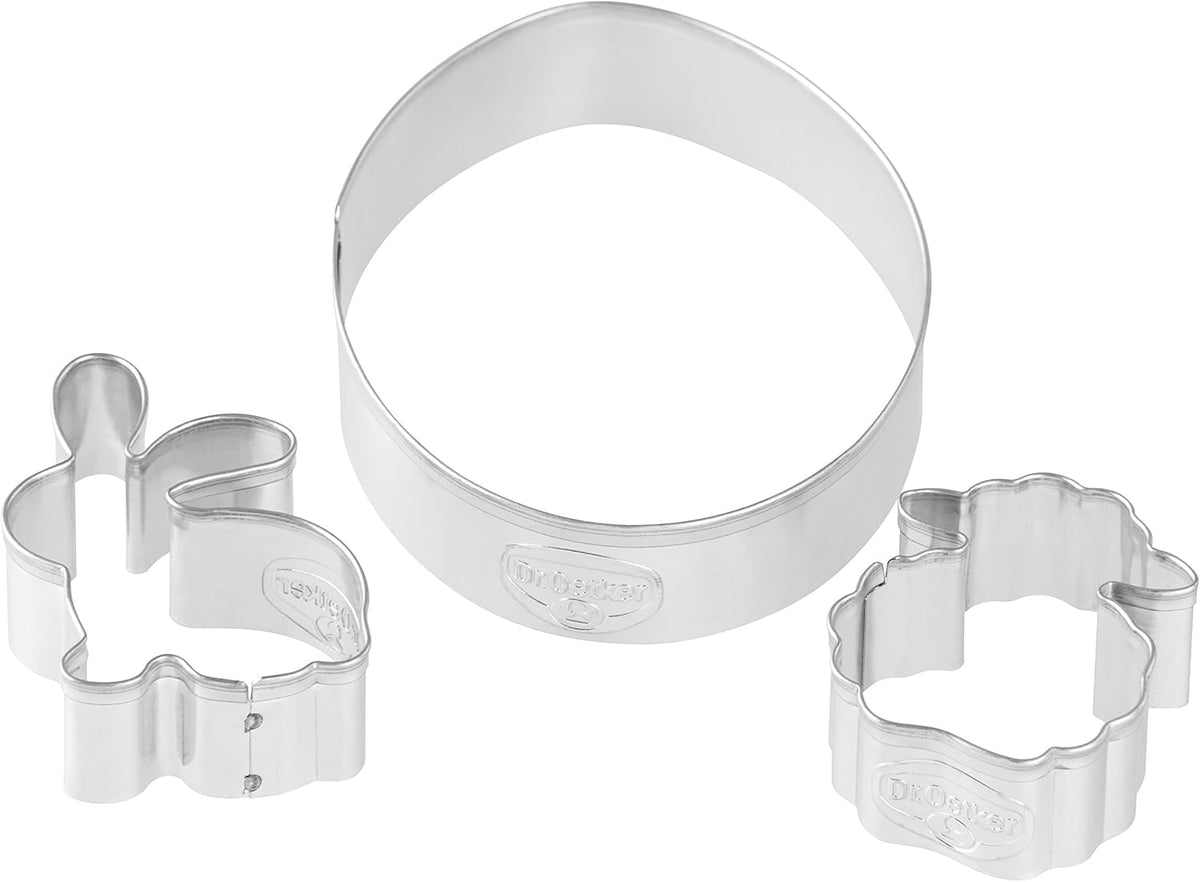 Dr. Oetker Linzer Moules à biscuits « Oeuf de Pâques, lapin et mouton », moules à biscuits et biscuits de la série Golden Easter (couleur : argent), quantité : 3 pièces