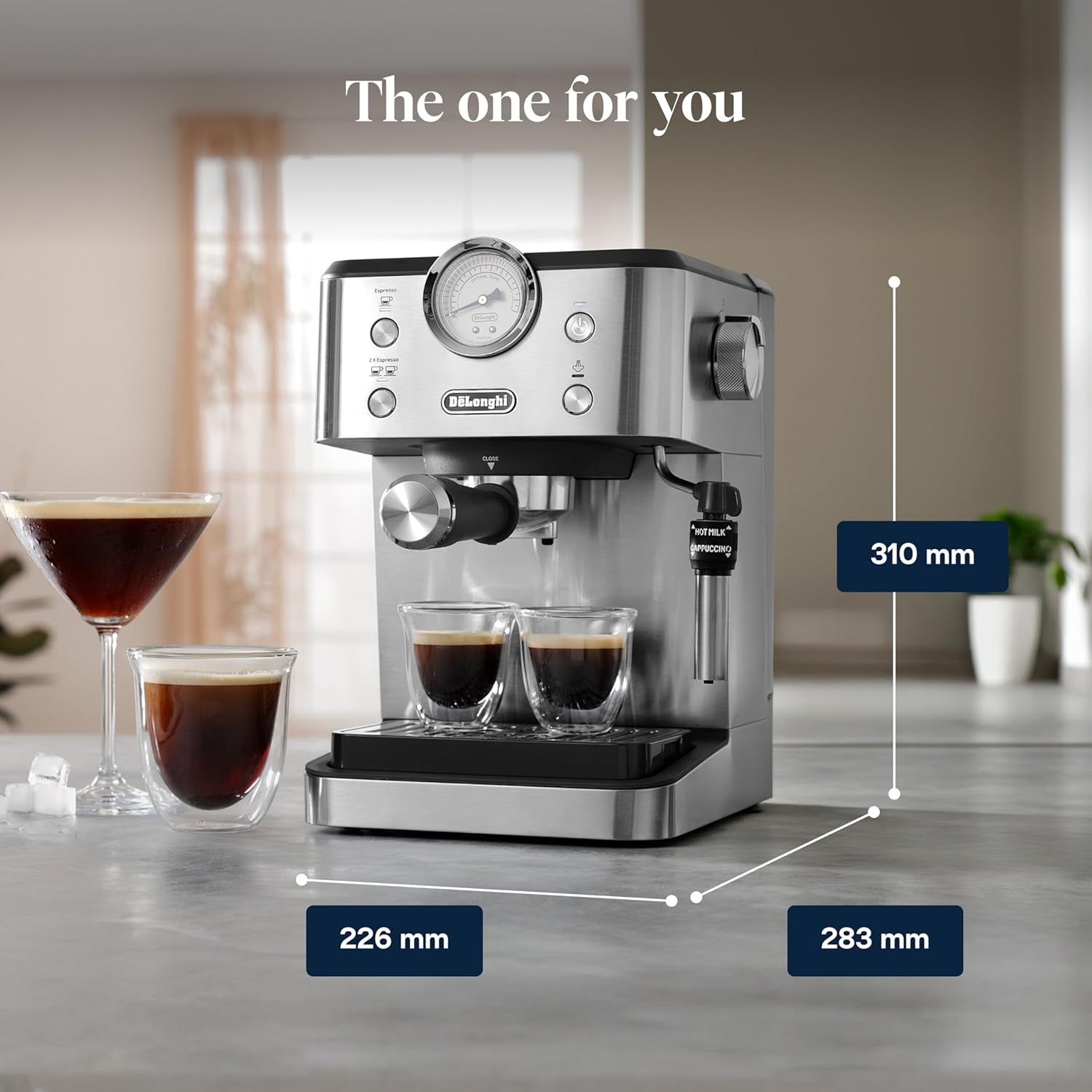 De'Longhi Classic EM450.M Machine à expresso porte-filtre avec mousseur à lait professionnel, boîtier entièrement métallique, 15 bars, réservoir d'eau 1,7 l, acier inoxydable/métal