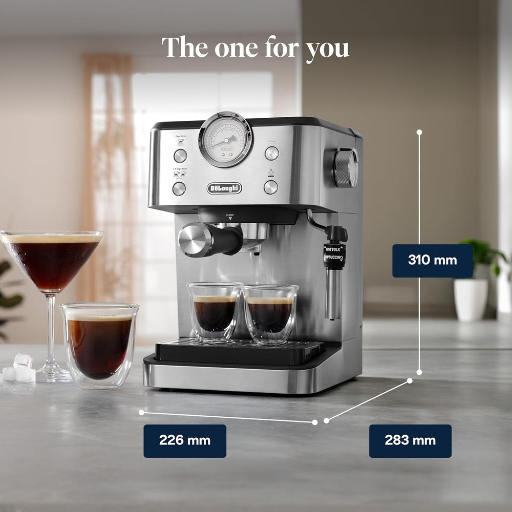 De'Longhi Classic EM450.M Machine à expresso porte-filtre avec mousseur à lait professionnel, boîtier entièrement métallique, 15 bars, réservoir d'eau 1,7 l, acier inoxydable/métal