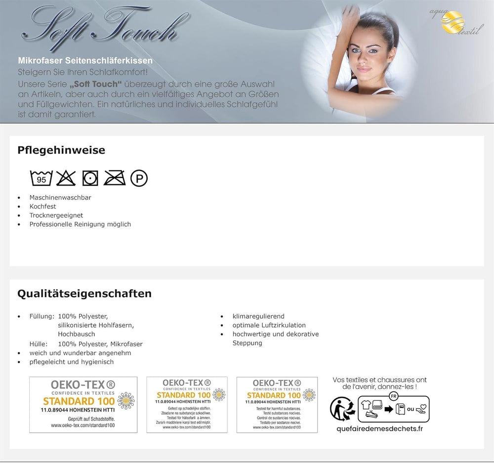 Coussin de couchage latéral 40 X 145 Cm fermeture éclair coussin d'allaitement 1500G Climatisation Oreillers standards Oeko-Tex Naty Shop