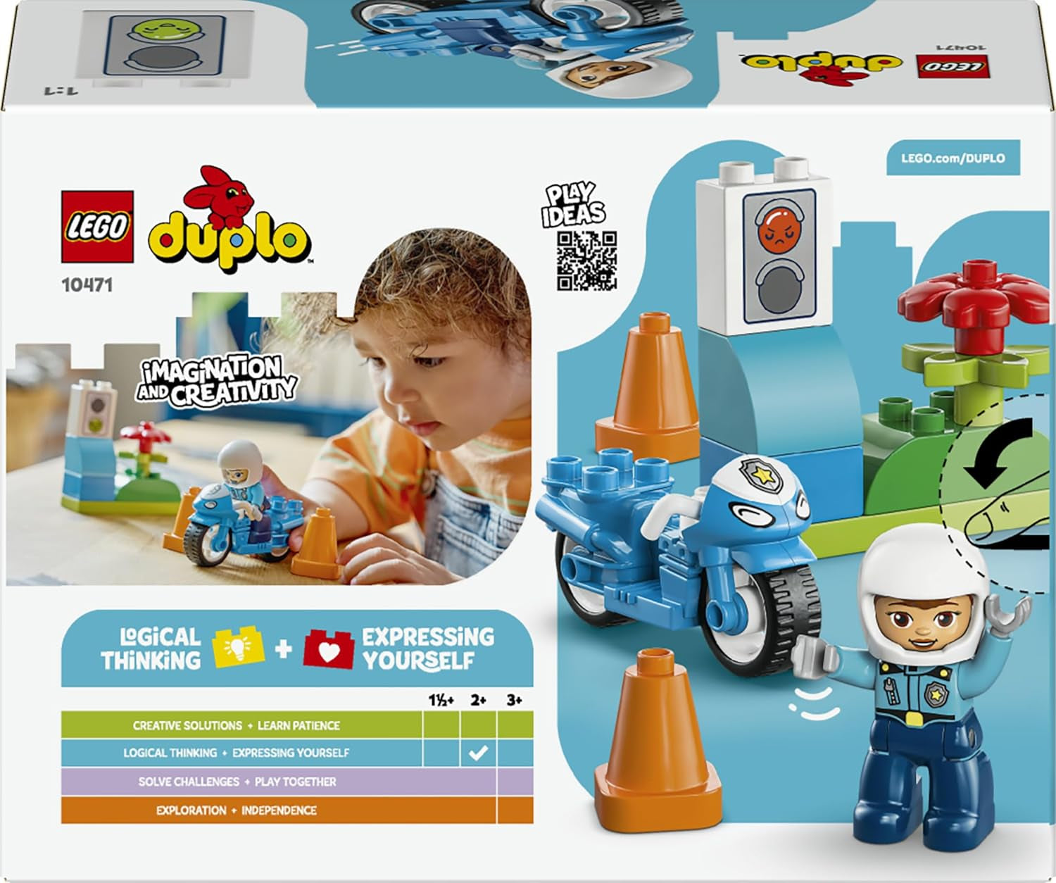 LEGO DUPLO Blaues Polizeimotorrad - Lernspielzeug zur Förderung der Motorik für Kleinkinder - inkl. Motorrad, Polizisten Figur und Verkehrsampel - Geschenk für Jungen und Mädchen ab 2 Jahren - 10471