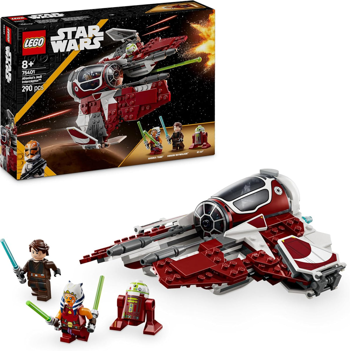 LEGO Star Wars 75401 Ahsokas Jedi Interceptor, modèle de modèle pour les fans de The Clone Wars, figurines Ahsoka Tano et Anakin Skywalker, avec lumière et R7-A7, pour jeunes et filles à partir de 8 ans