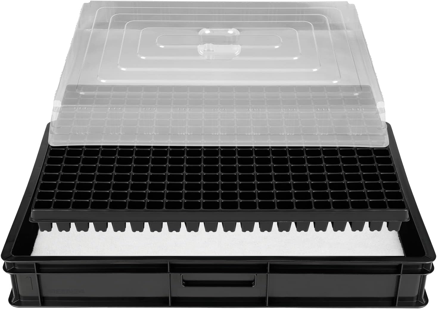 Système de propagation GW-285 composé d'un bac à eau professionnel GW657, d'un tapis capillaire assorti (absorption d'eau 3 L par m²) et d'un plateau à pots avec 285 pots (23x23 mm, hauteur 54 mm) en taille européenne (600x400 mm)