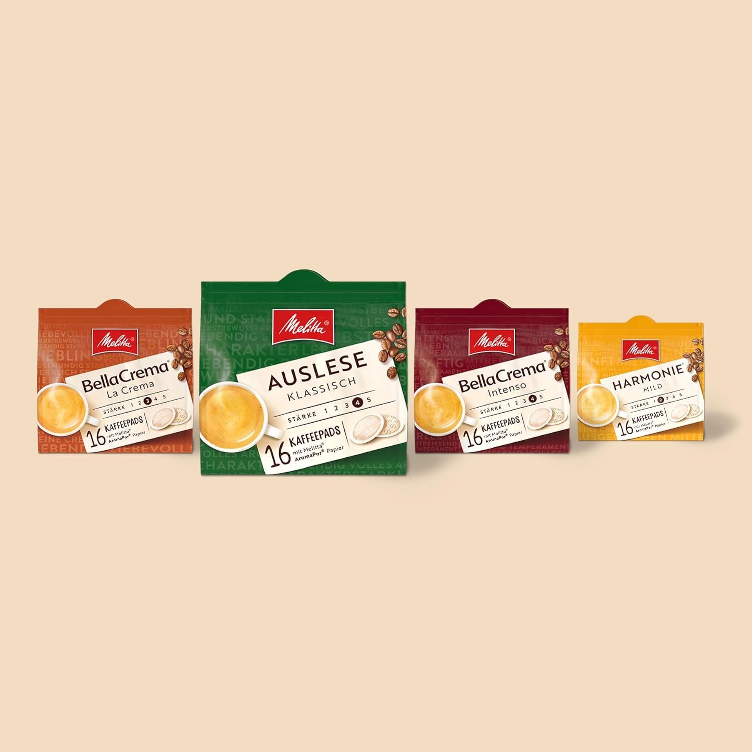 Melitta BellaCrema La Crema gemahlener Röstkaffee in Kaffee-Pads 10 x 16 Pads, Kaffeepads für Pad-Machine, medium Röstung, geröstet in Deutschland, Stärke 3, im Tray