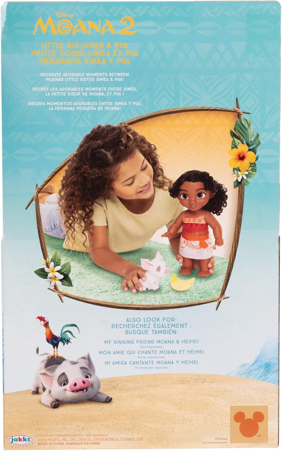 Jakks Pacific Moana 2 Little Sister Simea Doll and Pua Figure Playset 27 cm de haut, comprend 1 tenue de poupée, 1 Pua, 1 régime de bananes en plastique, recommandé à partir de 3 ans