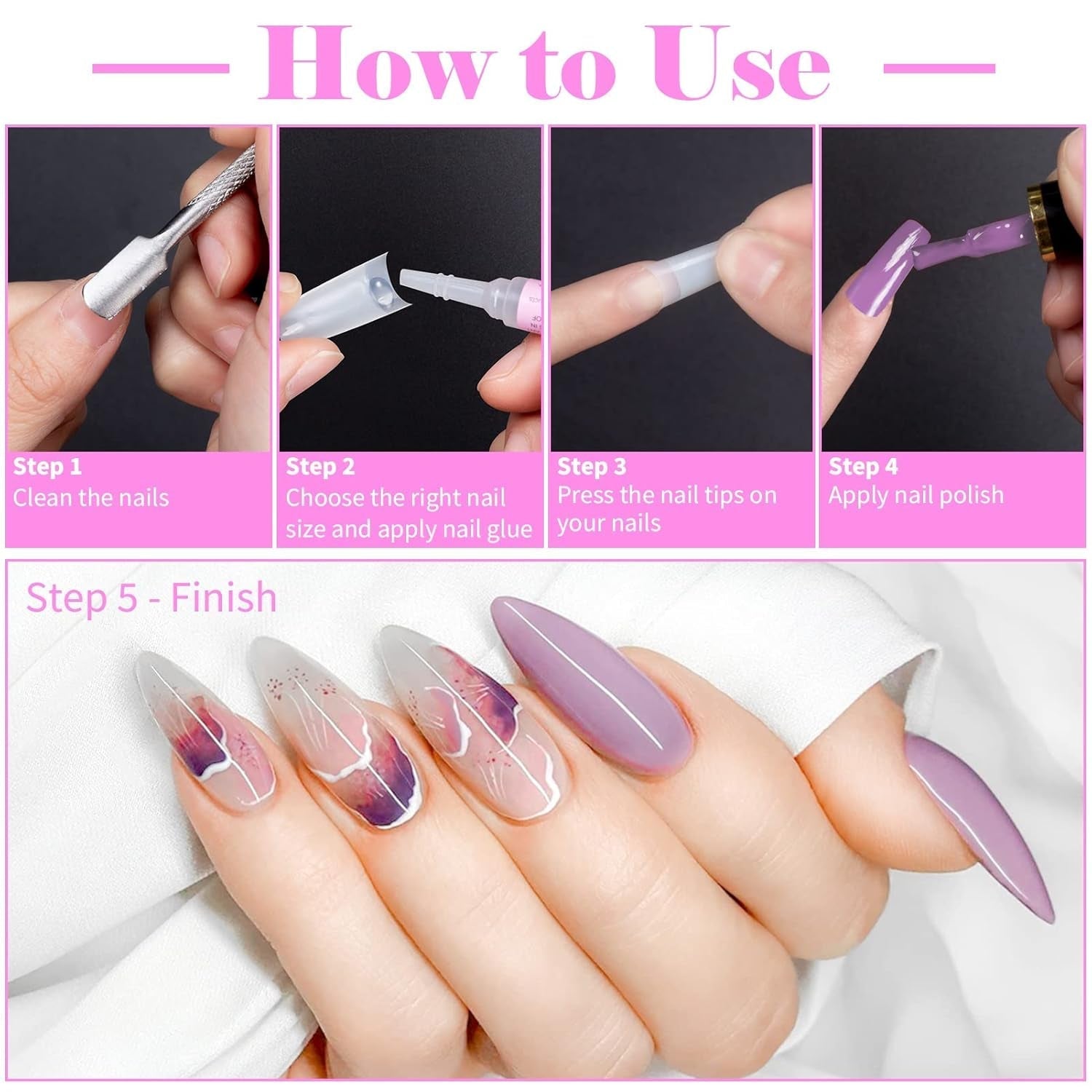 500 pièces de faux ongles artificiels français en acrylique, ensemble d'extensions d'ongles, accessoires de faux ongles avec 4 pièces de colle pour conception d'ongles en gel naturel