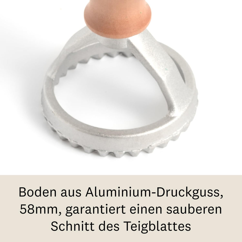 MARCATO Moule à raviolis et biscuits, machine à raviolis, moules à biscuits, bois massif et fonte d'aluminium, fabriqué en Italie, tampon rond de 58 mm