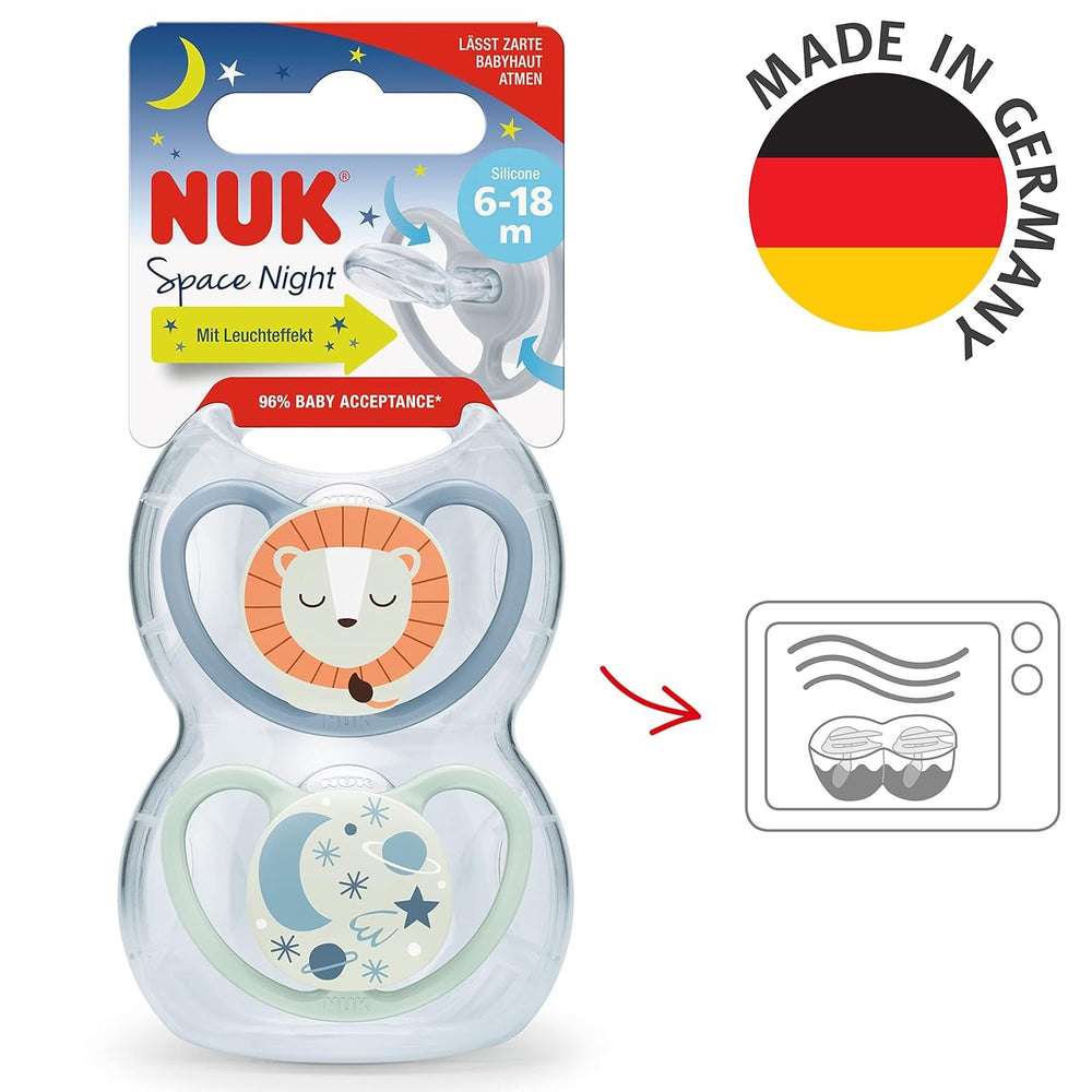 Sucettes NUK Space Night | 6-18 mois | Sucettes avec fentes d'aération extra larges, qui brillent dans le noir | Silicone sans BPA | Renard et coccinelle | Paquet de 2