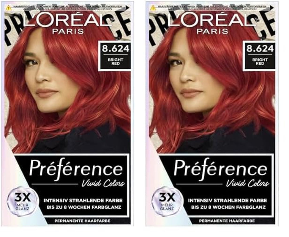 L'Oréal Paris Coloration permanente intensive, Jusqu'à 8 semaines de cheveux brillants et de couleur intense, Préférence Vivid Colors, Couleur : 8.624 ROUGE BRILLANT, 1 pc (pack de 2) Teinture capillaire Naty Shop Titre par défaut