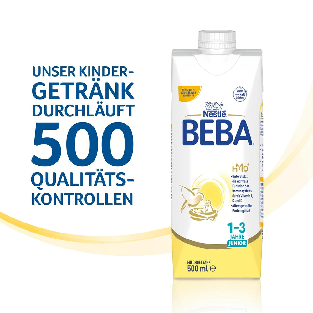 BEBA Junior Boisson lactée prête à boire 1-3 ans, avec HMO, teneur en protéines adaptée à l'âge, sans huile de palme, sans huile de poisson, nourriture pour tout-petits, paquet de 12 (12 x 500 ml)