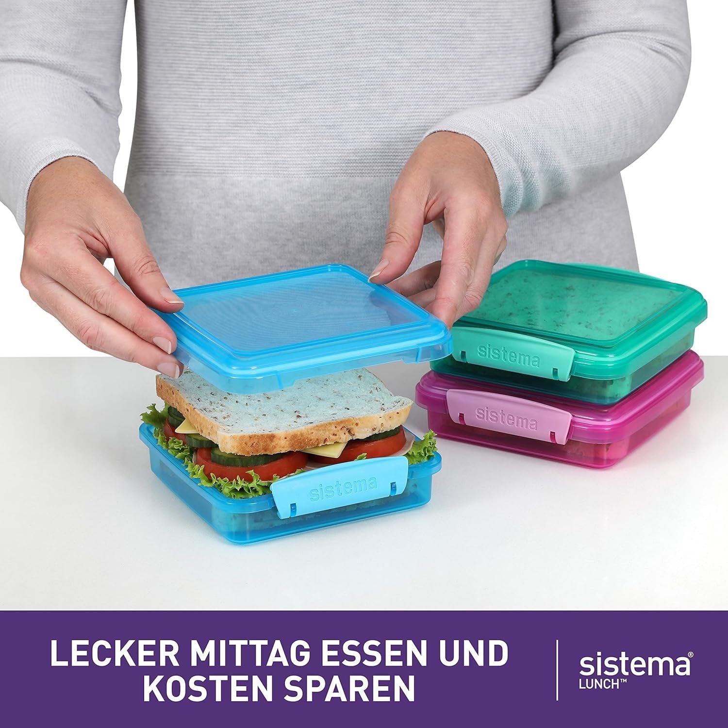 Système de boîte à sandwich pour boîte à lunch | 450 ml | boîte à lunch empilable et hermétique avec couvercle | pour enfants et adultes | sans BPA | couleurs mélangées | 3 boîtes de conservation alimentaire Naty Shop