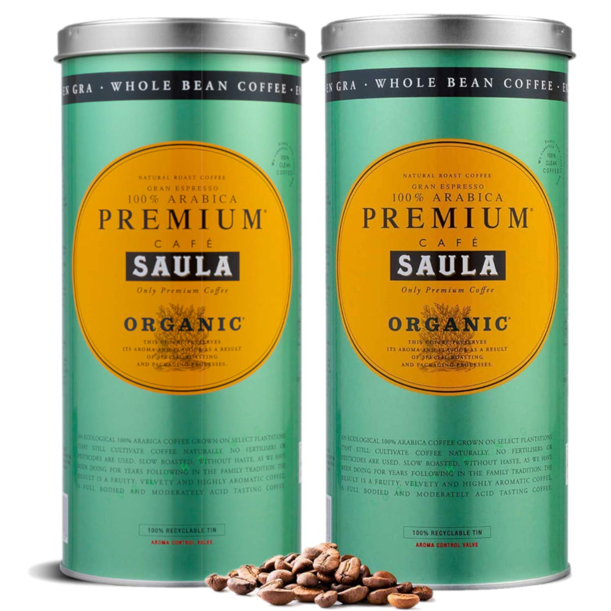 Café en grains premium Saula, pack de 2 boîtes x 500g. 100% Arabica biologique