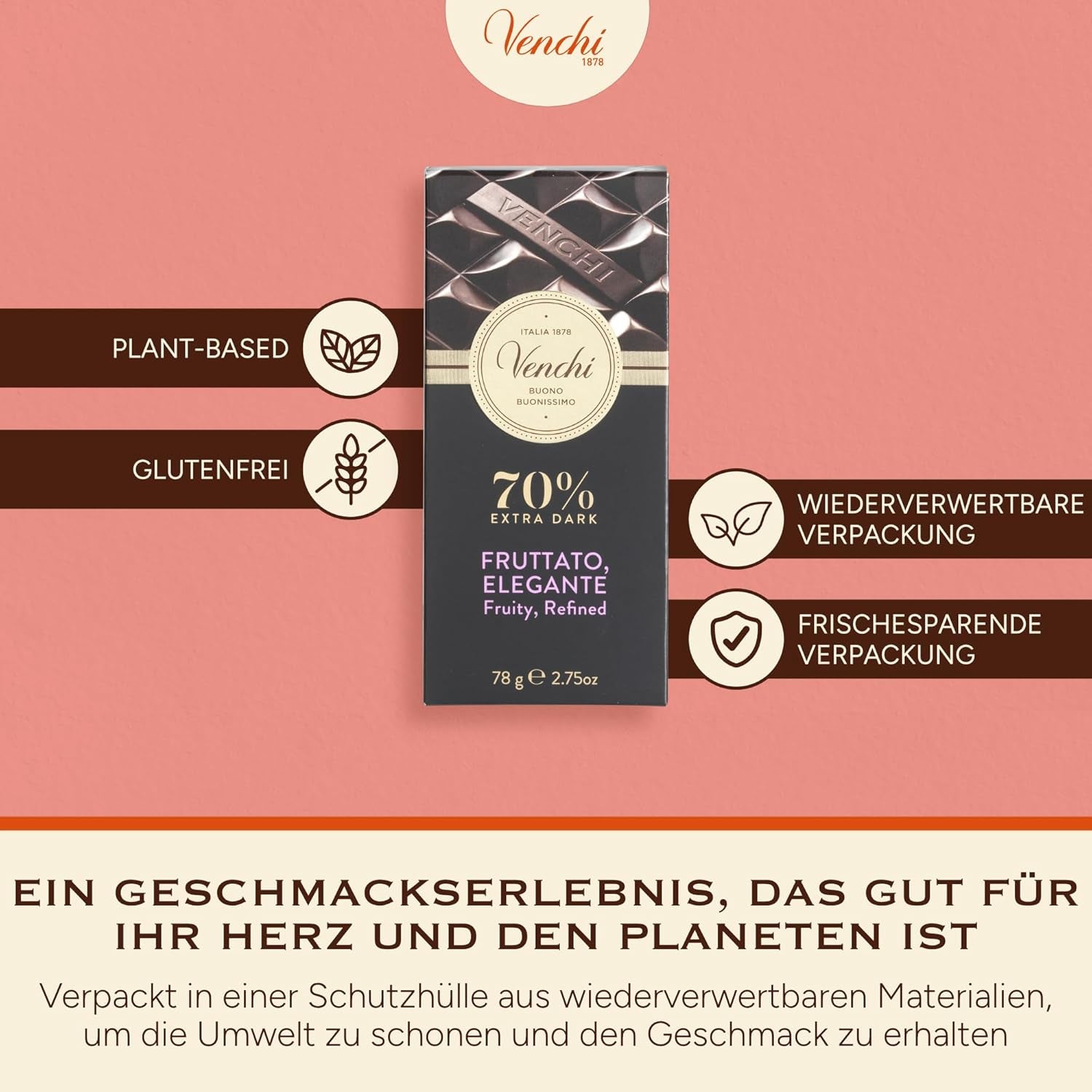 Venchi - Chocolat noir 70%, 78 g - Avec des mélanges de cacao sélectionnés - Sans gluten - Vegan