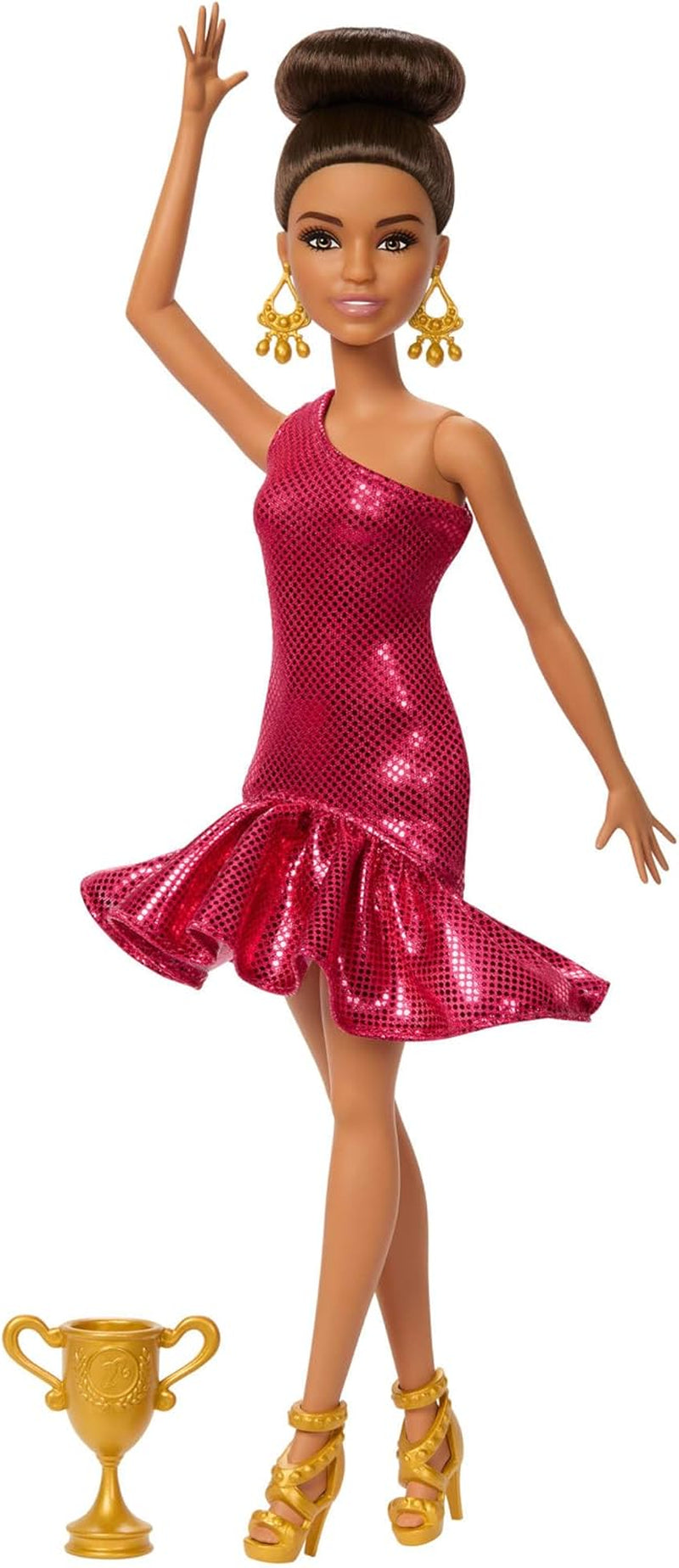 Poupée Barbie dansante à la mode avec robe rouge à volants, chaussures de danse, cheveux bruns et accessoires pour trophée de danse, JFR09 Naty Shop Dolls Titre par défaut