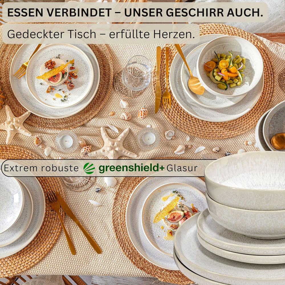 SANGER | Service de table Corfou 24 pièces, service de table pour 8 personnes, service de table en céramique fait à la main, comprenant assiettes à dîner, assiettes à dessert et assiettes Suma, vaisselle crème avec texture sable