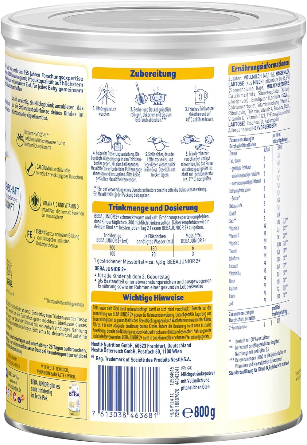 Boisson lactée BEBA Junior 2+ à partir de 2 ans, Avec HMO, Teneur en protéines adaptée à l'âge, Lactose uniquement, Sans huile de palme, Sans huile de poisson, Aliments pour tout-petits, Lait en poudre pour bébé, Lot de 3 (3 x 800 g)