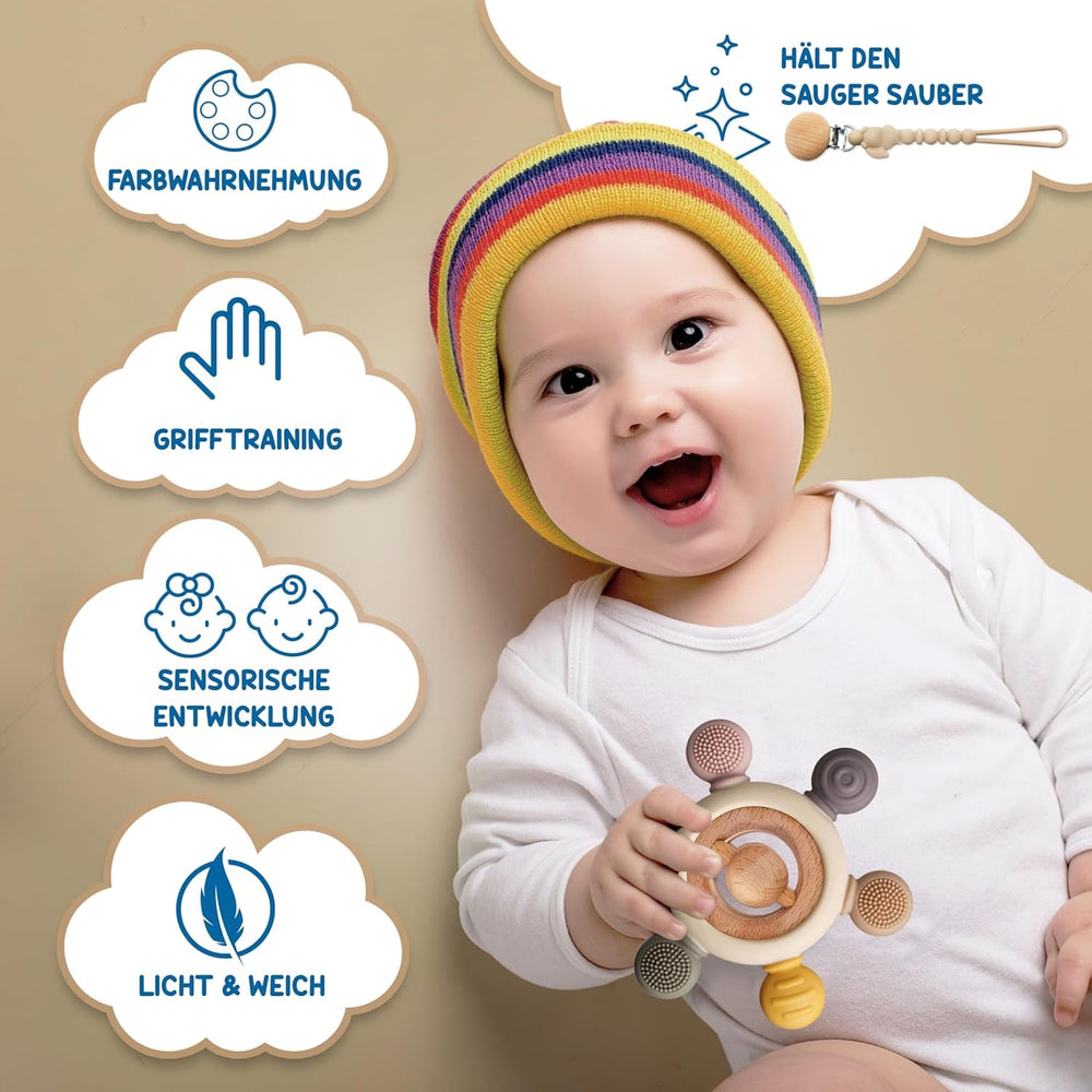 Anneau de dentition pour bébé avec chaîne de tétine - Aide à la dentition - Jouet pour bébé de 0 à 6 mois - Essentiels pour nouveau-né - Jouet de dentition sans BPA - Idées cadeaux pour nourrissons