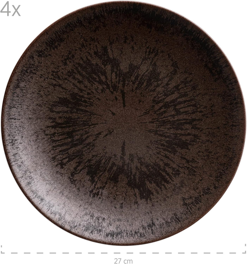 MÄSER Service de table 12 pièces en bronze métallisé pour 4 personnes avec vernis élégant et brillant, ensemble d'assiettes à dîner, assiette à dîner et assiette à dessert en céramique de haute qualité, grès, marron