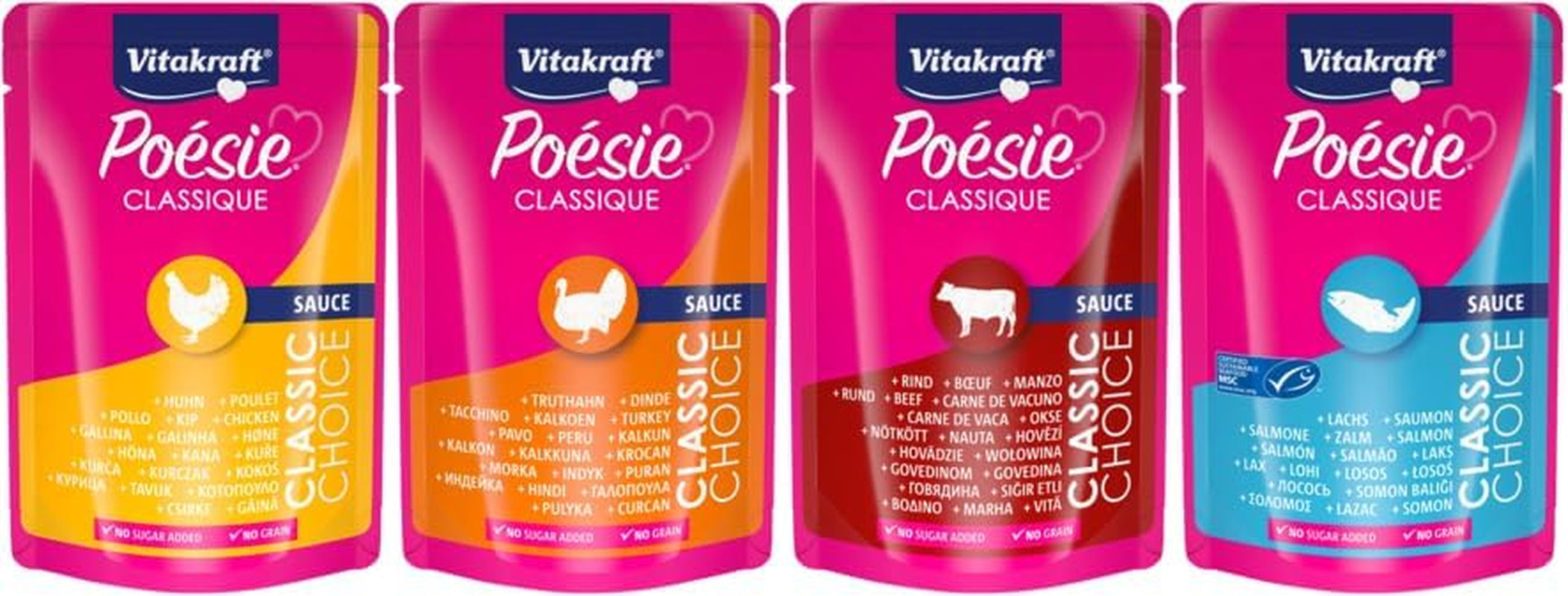 Vitakraft Poésie Classique, hrană umedă pentru pisici, hrană pentru pisici în sos, cu pui, cu curcan, cu vită, cu somon, fără zahăr adăugat și cereale (1 pachet de 12 x 85g)