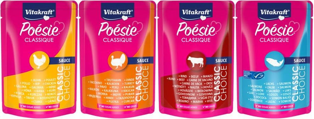 Vitakraft Poésie Classique, hrană umedă pentru pisici, hrană pentru pisici în sos, cu pui, cu curcan, cu vită, cu somon, fără zahăr adăugat și cereale (1 pachet de 12 x 85g)