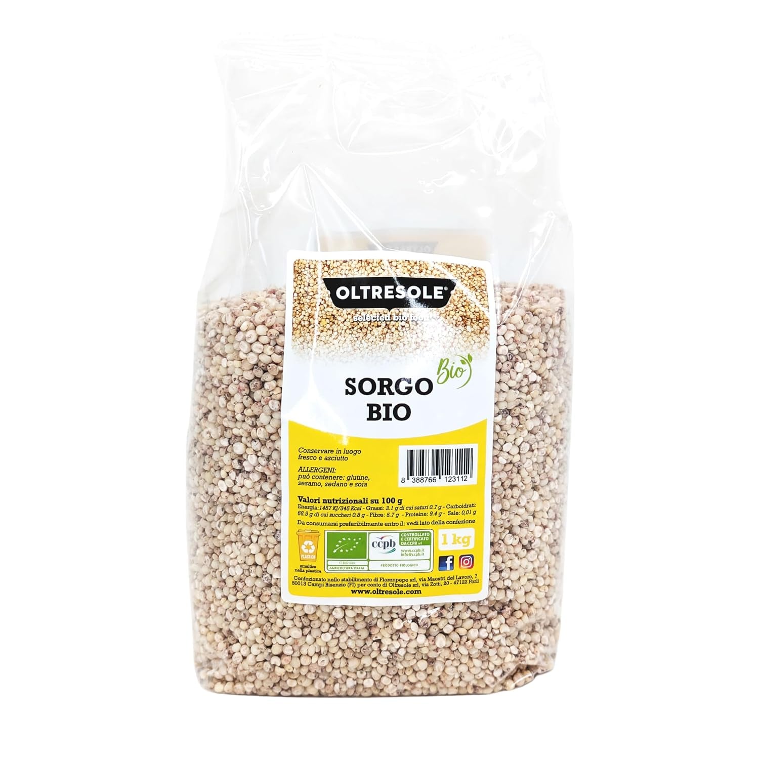 Sorgho blanc biologique, 1 kg, décortiqué, grain brut, cultivé biologiquement en Italie, emballage idéal pour la famille