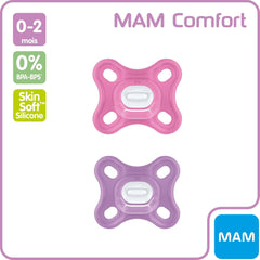 MAM Comfort Lot de 2 sucettes en silicone (0-2 mois), ensemble de sucettes pour prématurés et nouveau-nés avec boîte à sucettes, rose/violet