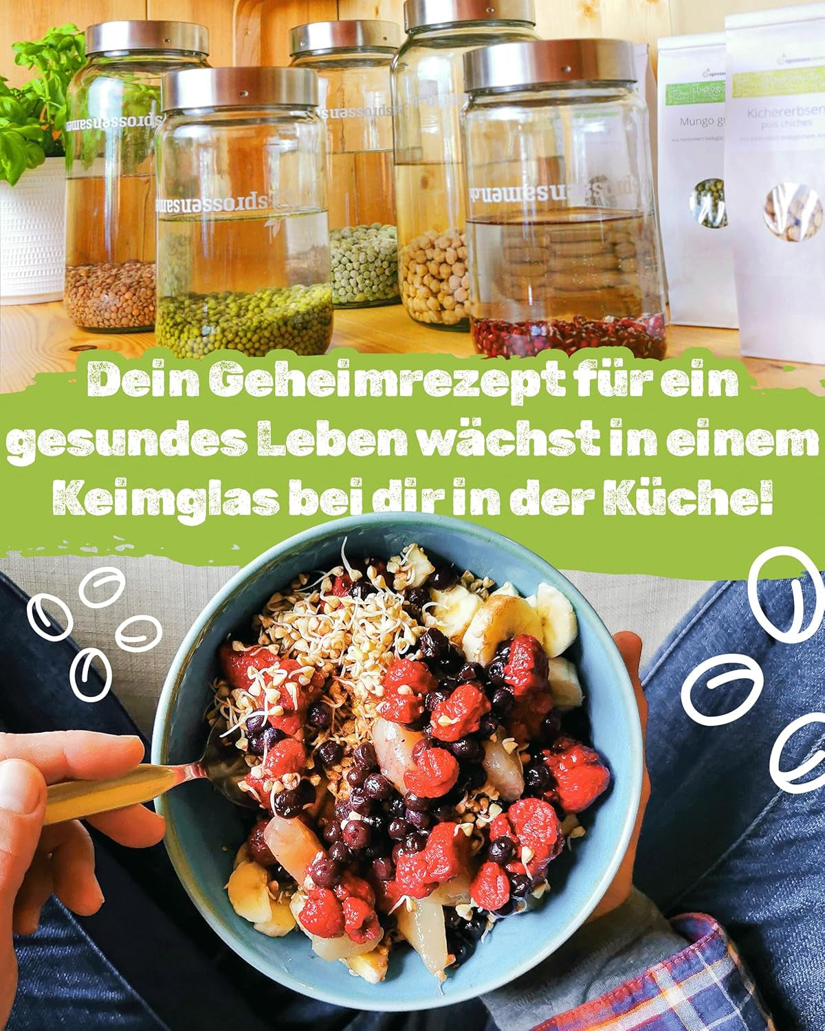 Coffret de pots de germination 3100 ml avec coffret cadeau - Organic Fitness Mix, Power Mix et Detox Mix, 75 g chacun - Pot de germination - incl. couvercle du pot, support et passoire