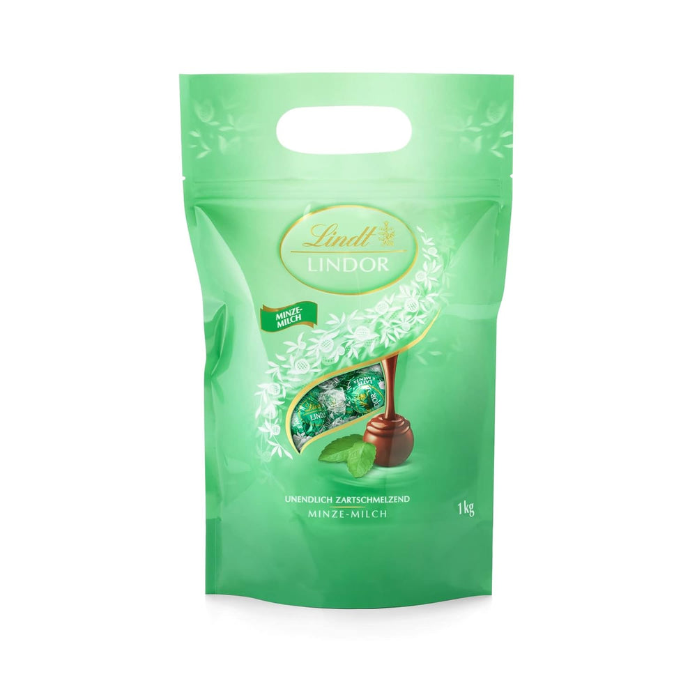 Boules de chocolat blanc LINDOR, 1 kg et LINDOR | Sac refermable de 1 kg | env. 80 boules de chocolat au lait fourrées à la menthe | Colis vrac, cadeau praliné, cadeau chocolat