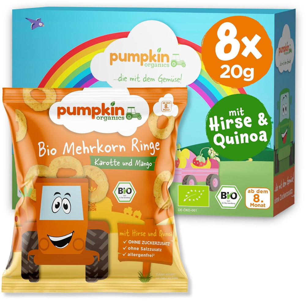 Pumpkin Organics Baby Multigrain Carrot and Mango Rings (Pack de 8) Snacks pour bébé sans additifs à partir de 12 mois - Sans allergène² et sans gluten³ Snacks croquants pour bébé (8 x 20 g)