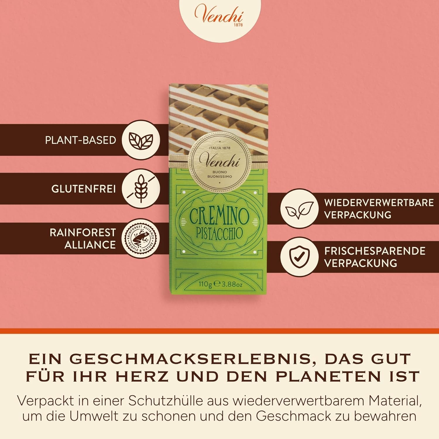 Venchi - Cremino Pistachio Bar, 110g, barre de chocolat au lait et blanc avec pâte de pistache, recette en trois couches aux saveurs méditerranéennes, sans gluten, sans colorants artificiels