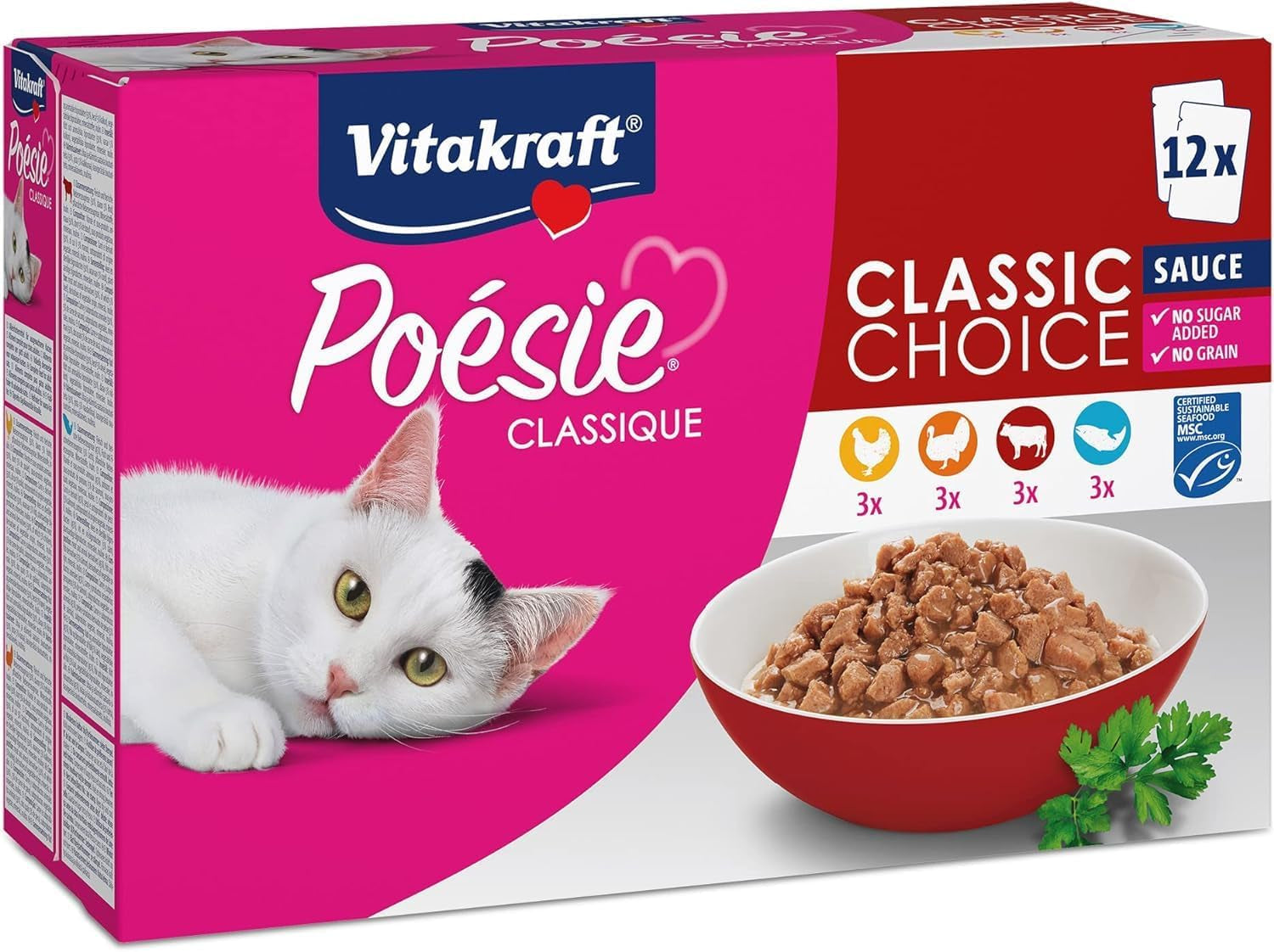 Vitakraft Poésie Classique, hrană umedă pentru pisici, hrană pentru pisici în sos, cu pui, cu curcan, cu vită, cu somon, fără zahăr adăugat și cereale (1 pachet de 12 x 85g)
