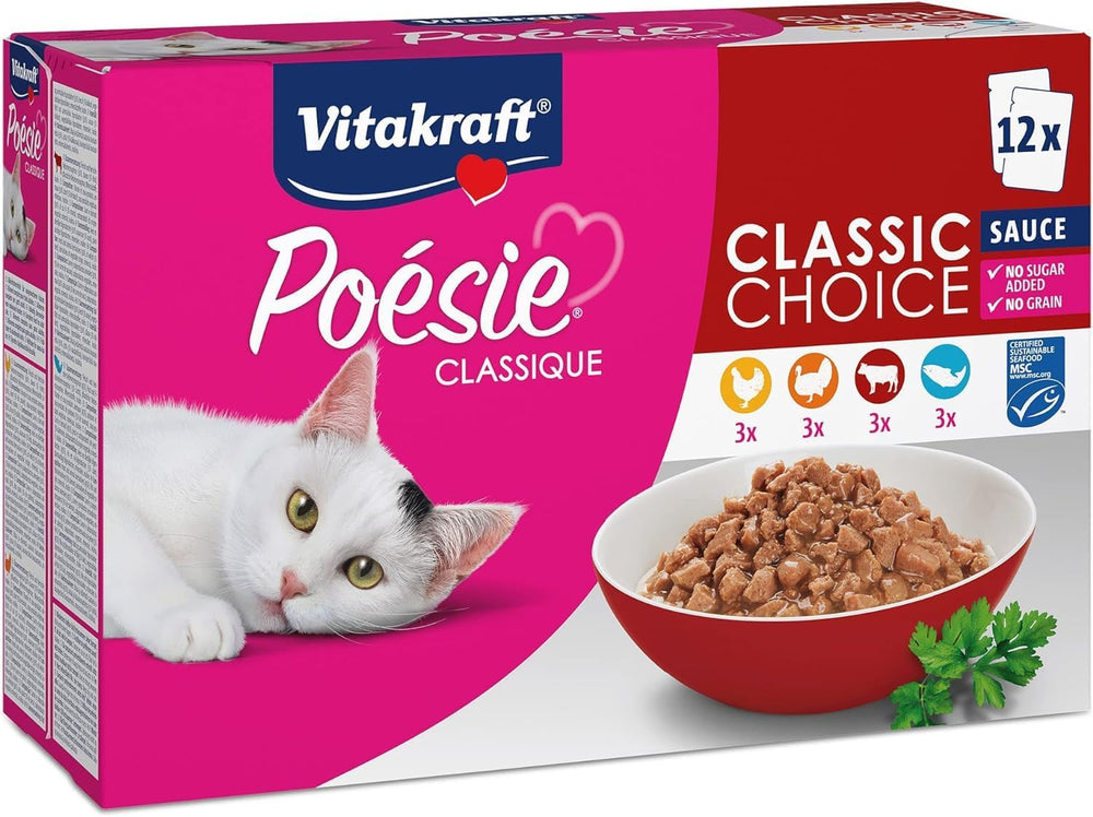 Vitakraft Poésie Classique, hrană umedă pentru pisici, hrană pentru pisici în sos, cu pui, cu curcan, cu vită, cu somon, fără zahăr adăugat și cereale (1 pachet de 12 x 85g)