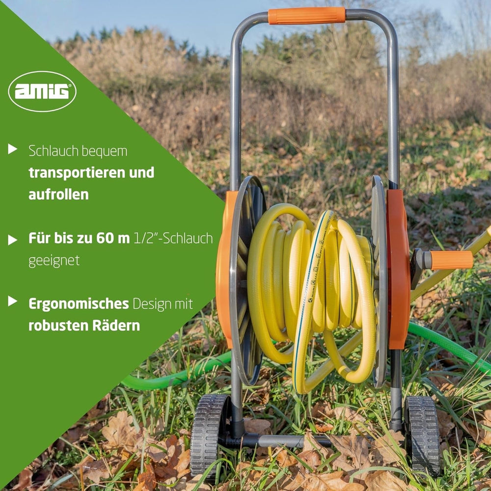 Amig - Enrouleur de tuyau | pour tuyaux 1/2" | max. 60 m enroulé | avec manivelle pour un enroulement facile | polypropylène | orange et gris
