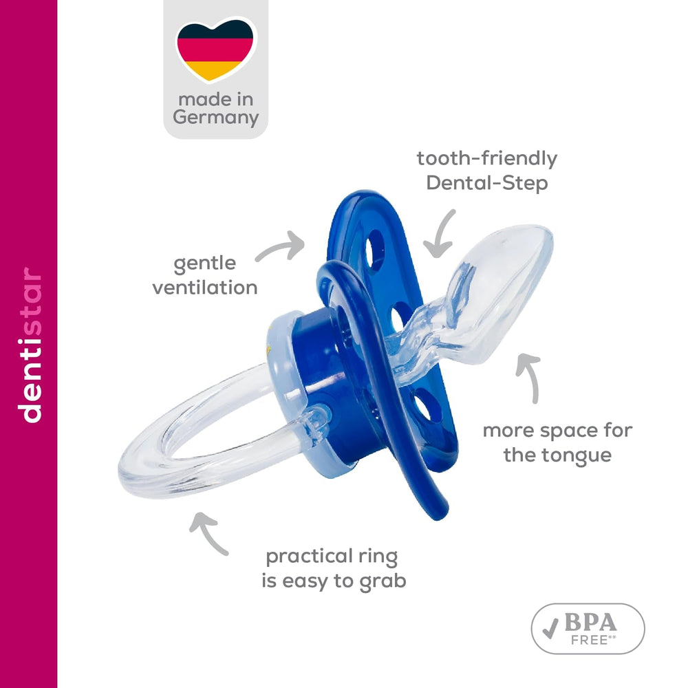 Sucette en silicone Dentistar®, paquet de 3 - Taille 1, tétine 0-6 mois - Respectueuse des dents et de la mâchoire, Stade dentaire - Sans BPA - Fabriquée en Allemagne - Fleur de cerisier