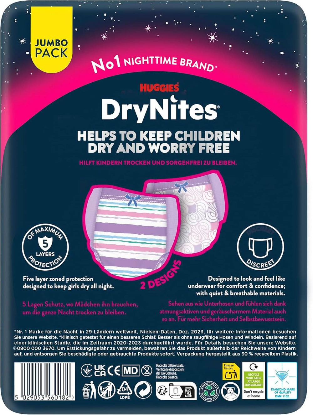 Huggies Drynites Couches de nuit très absorbantes, pour filles 8-13 ans (30-48 kg), 52 pcs (4 x 13) Mère et Enfant Naty Shop