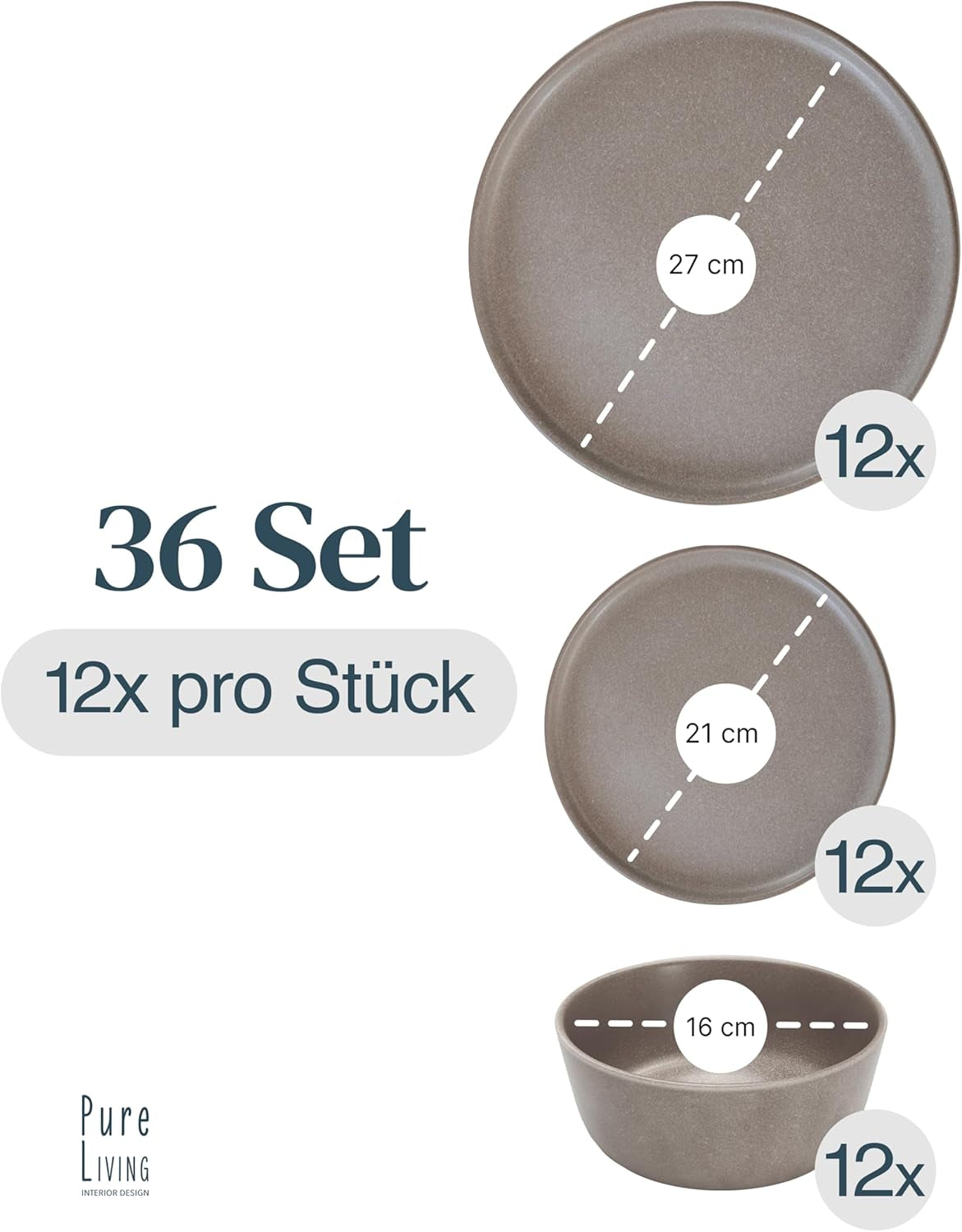 Service de table en grès pour 12 personnes, 36 pièces, style urbain, haute qualité, TRÈS BON TEST, service de table en grès - service de bols et d'assiettes - service de table pour 12 personnes, services de table Pure Living en gris-marron mat